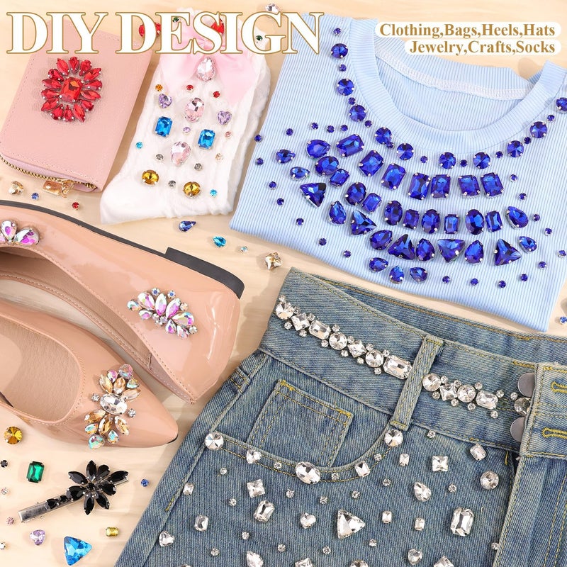 TINKRSTUFF 120 PCS Light Blue Bedazzling Sew on Rhinestones, Mixed Shape Charms Claw Flatback Glass Rhinestone with Metal Base for Crafting, Large Gems for Clothes Shoes Hats Collars Bags & Sewing Accessories - Image 5